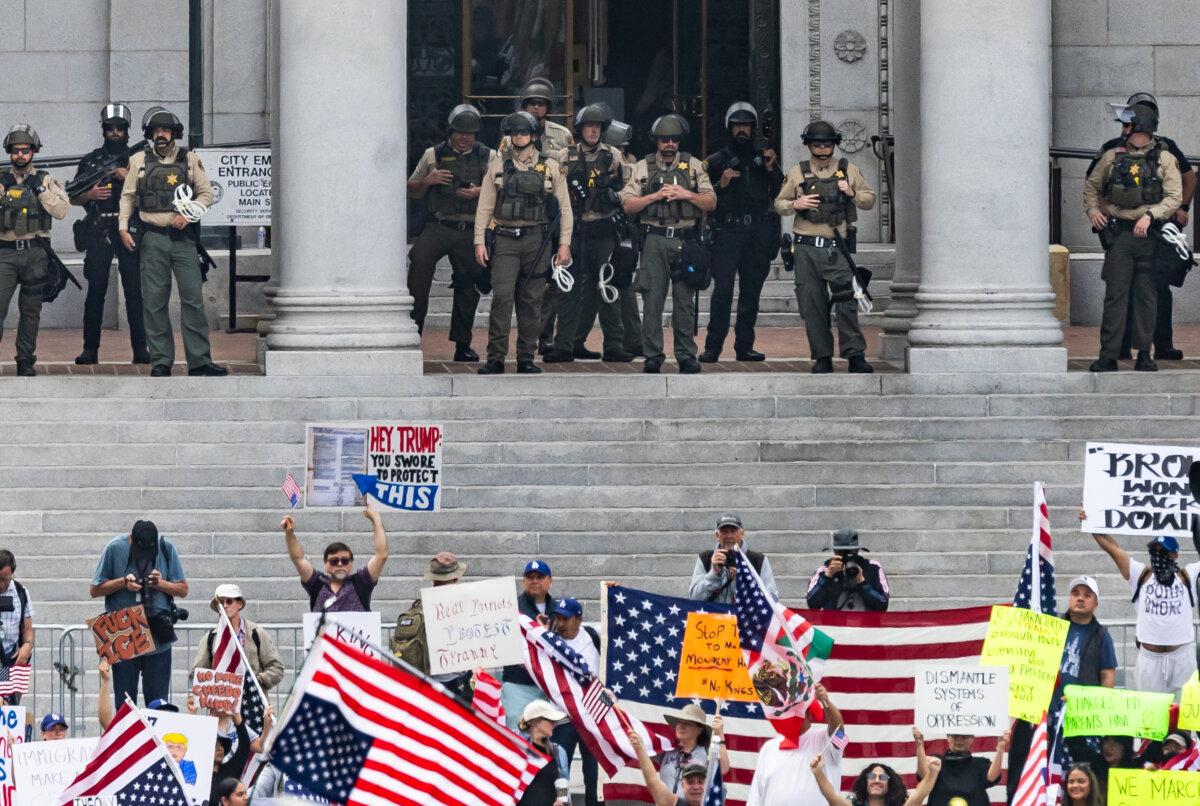 People gather for "No Kings Day" in Los Angeles on June 14, 2025. (John Fredricks/The Epoch Times)