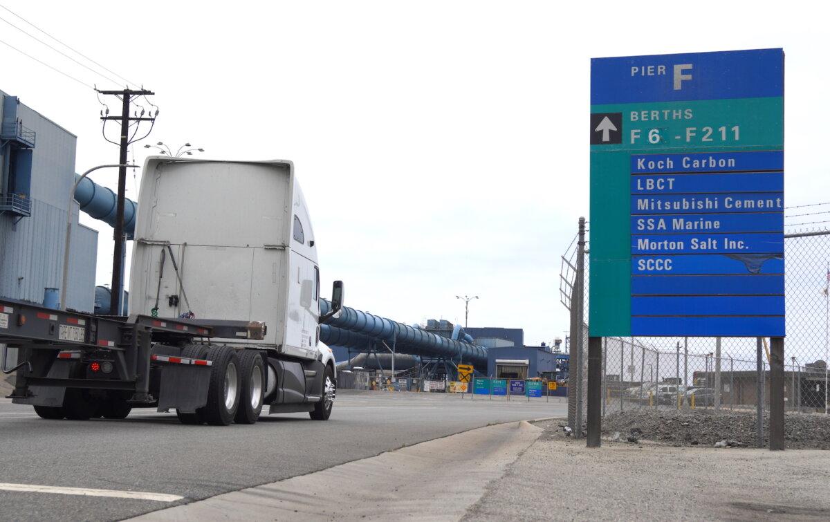 A semitruck at the Port of Long Beach on June 5, 2025. (Allan Stein/The Epoch Times)