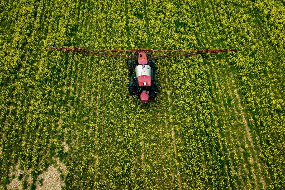 A farmer spreads pesticide on a field in Centreville, Md., on April 25, 2022. Pesticide use differs between the UK and United States, but increasingly less so. (Jim Watson/AFP via Getty Images)