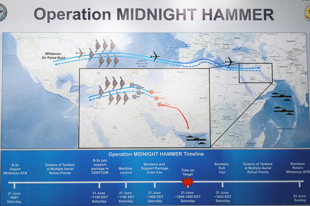 An operational timeline of a strike on Iran is displayed following a news conference with Chairman of the Joint Chiefs of Staff Gen. Dan Caine and Defense Secretary Pete Hegseth at the Pentagon in Arlington, Va., on June 22, 2025. Caine also announced that some bombers headed west over the Pacific Ocean as decoys. (Andrew Harnik/Getty Images)