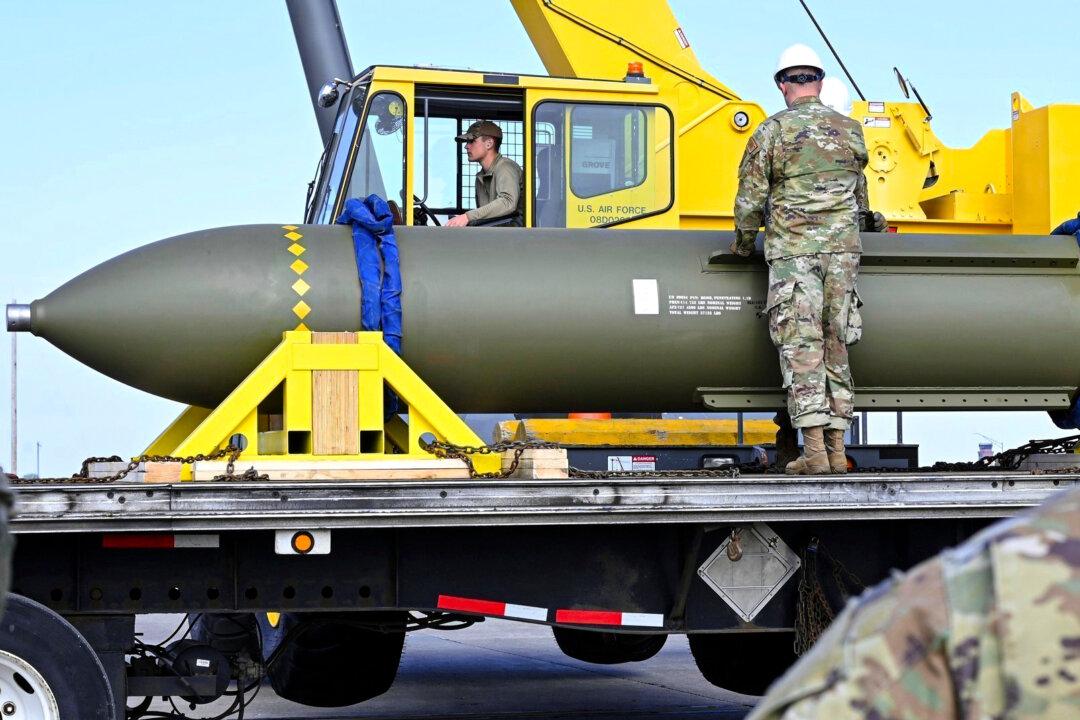 Airmen look at a GBU-57, or the massive ordnance penetrator bomb, at Whiteman Air Force Base in Missouri on May 2, 2023. Seven B-2 bombers on June 21, 2025, departed the base and bombed three Iranian nuclear facilities. (U.S. Air Force via AP, File)