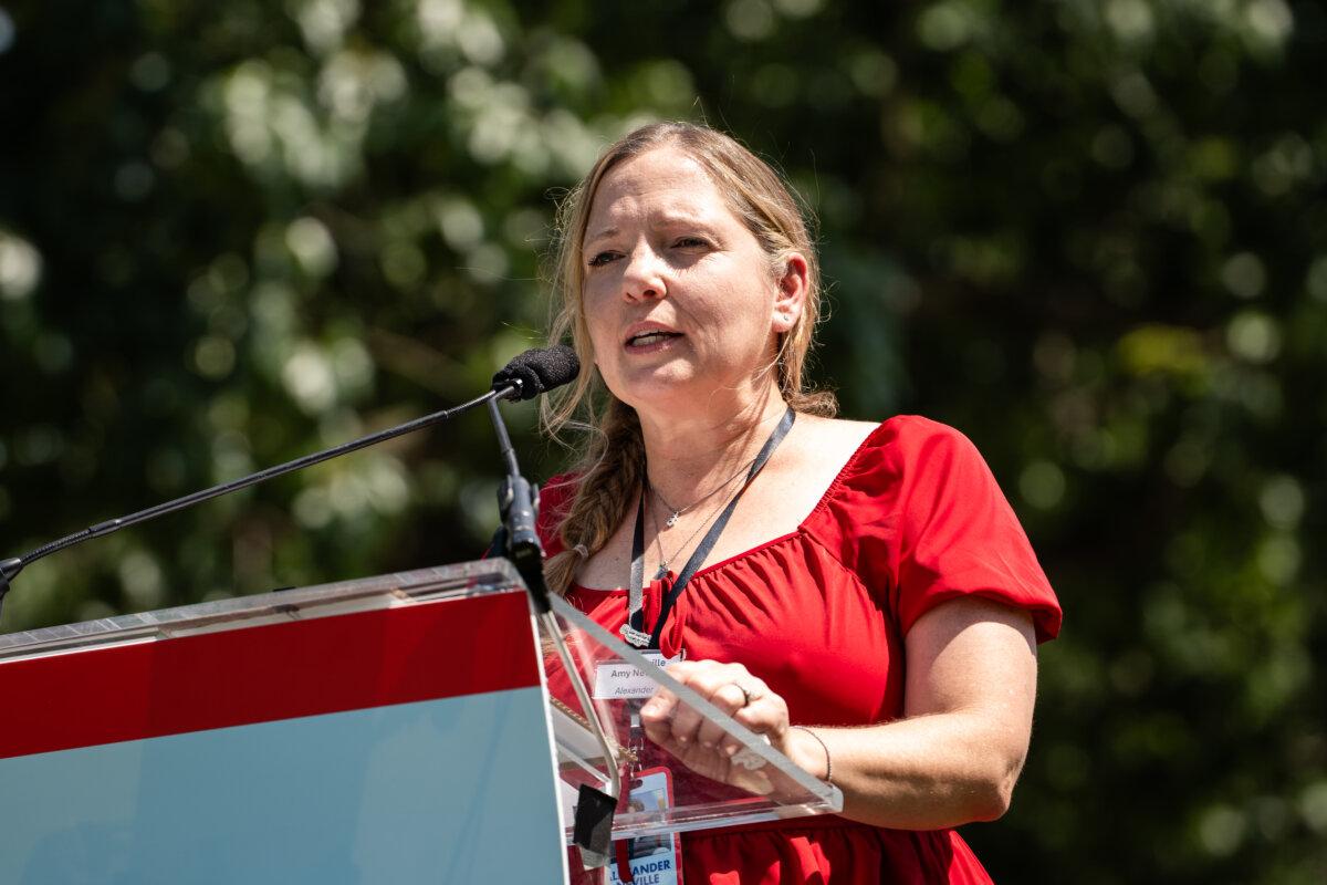 Amy Neville, mother to 14-year-old Alexander Neville who died from fentanyl poisoning from a pill he purchased on Snapchat, speaks during Social Media Victims Remembrance Day at the Upper Senate Park on Capitol Hill in Washington on June 23, 2025. (Madalina Kilroy/The Epoch Times)