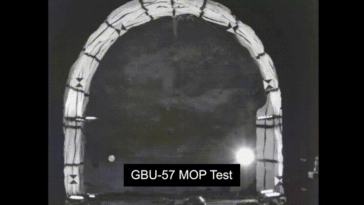 The Air Force, in coordination with the Defense Threat Reduction Agency, tests the GBU-57 Massive Ordnance Penetrator, a precision-guided, bunker-busting weapon designed to destroy deeply buried and hardened targets, in Washington on Dec. 11, 2020. The test demonstrated the Air Force’s ability to strike heavily reinforced underground facilities and mountain complexes. (Air Force Television Pentagon/Defense Visual Information Distribution Service)