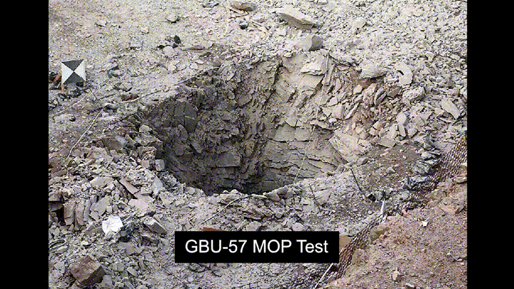 The Air Force, in coordination with the Defense Threat Reduction Agency, tests the GBU-57 Massive Ordnance Penetrator, a precision-guided, bunker-busting weapon designed to destroy deeply buried and hardened targets, in Washington on Dec. 11, 2020. The test demonstrated the Air Force’s ability to strike heavily reinforced underground facilities and mountain complexes. (Air Force Television Pentagon/Defense Visual Information Distribution Service)