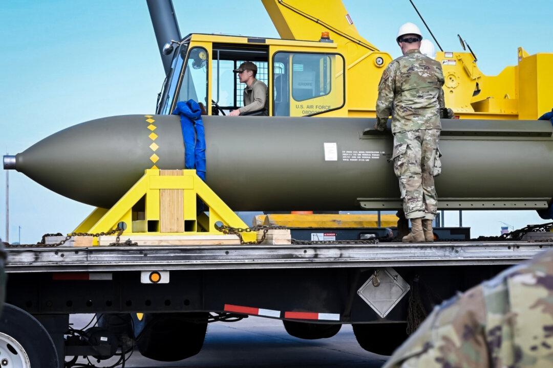 Airmen look at a GBU-57, or the Massive Ordnance Penetrator bomb, at Whiteman Air Base in Missouri on May 2, 2023. (File/U.S. Air Force via AP)
