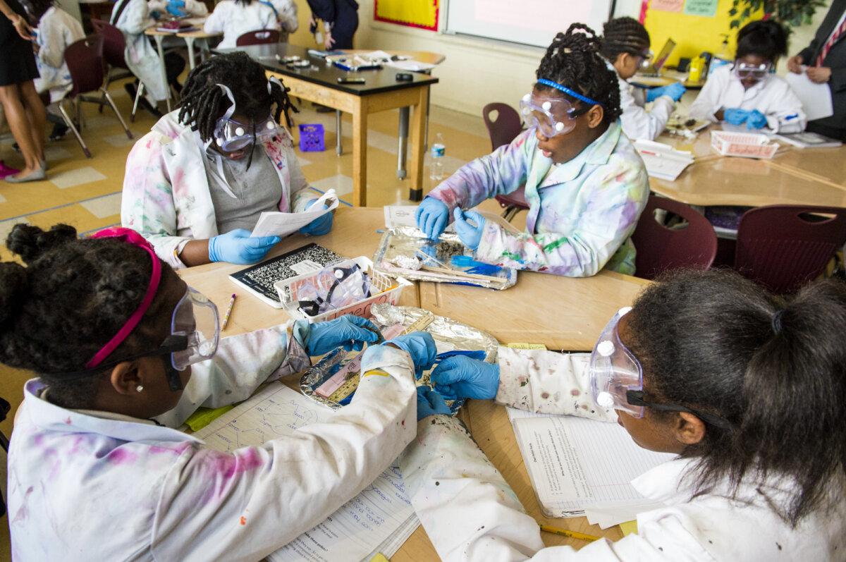 Fifth-grade students dissect owl pellets at Excel Academy Public Charter School in Washington on April 5, 2017. (Saul Loeb/AFP via Getty Images)
