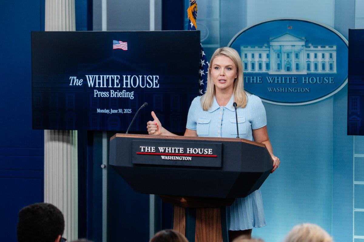 White House press secretary Karoline Leavitt speaks during a press briefing at the White House on June 30, 2025. (Madalina Kilroy/The Epoch Times)