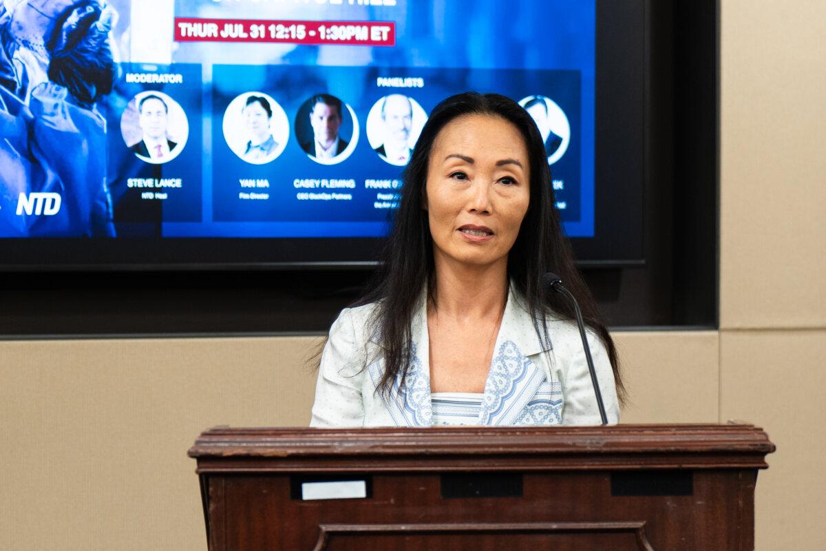 Uni Park, a Korean Canadian actress who stars as protagonist Chinese Gen. Chen Wei, at a screening event for the film "Unrestricted War," on Capitol Hill in Washington on July 31, 2025. (Chen Lei/The Epoch Times)