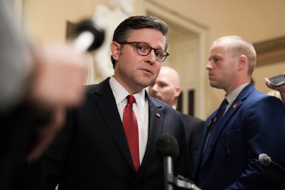 House Speaker Mike Johnson speaks to reporters on Capitol Hill in Washington on July 2, 2025. (Madalina Kilroy/The Epoch Times)