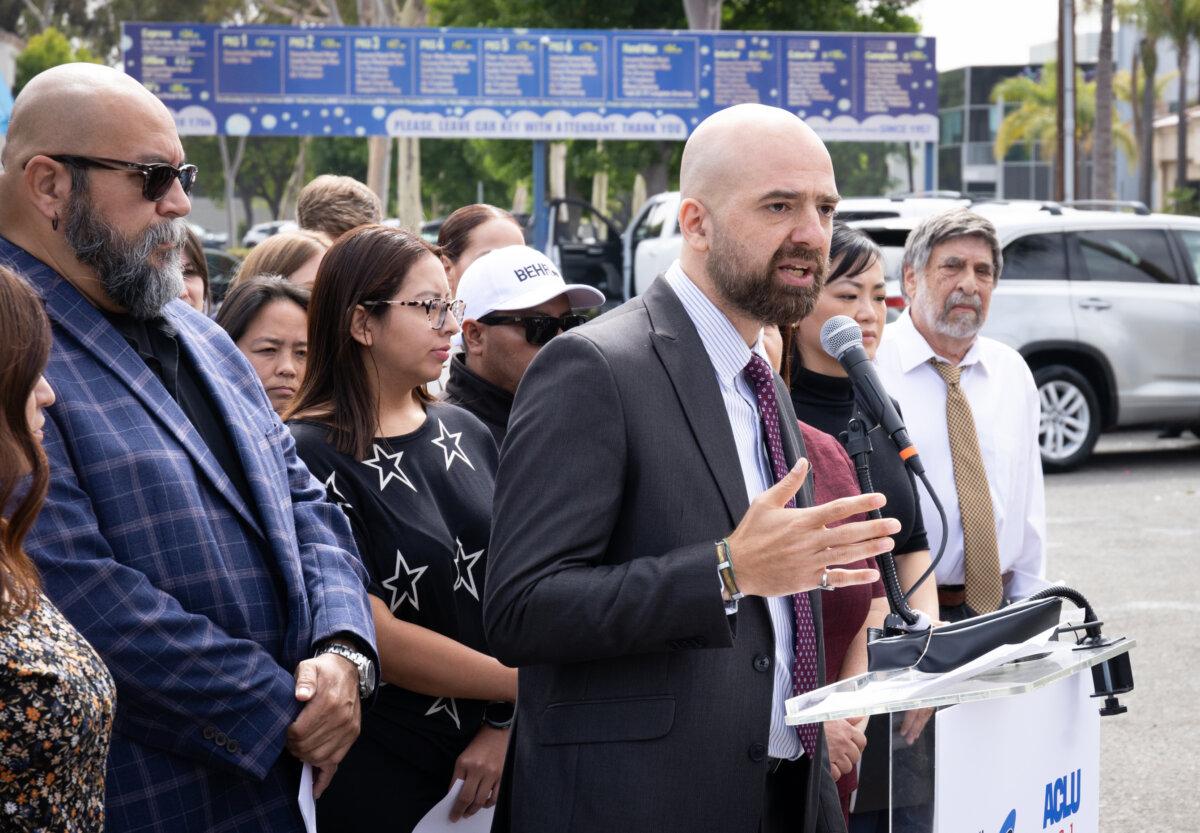 Mohammad Tajsar, senior staff attorney with the ACLU Foundation of Southern California, speaks in Torrance, Calif., on July 2, 2025. (John Fredricks/The Epoch Times)