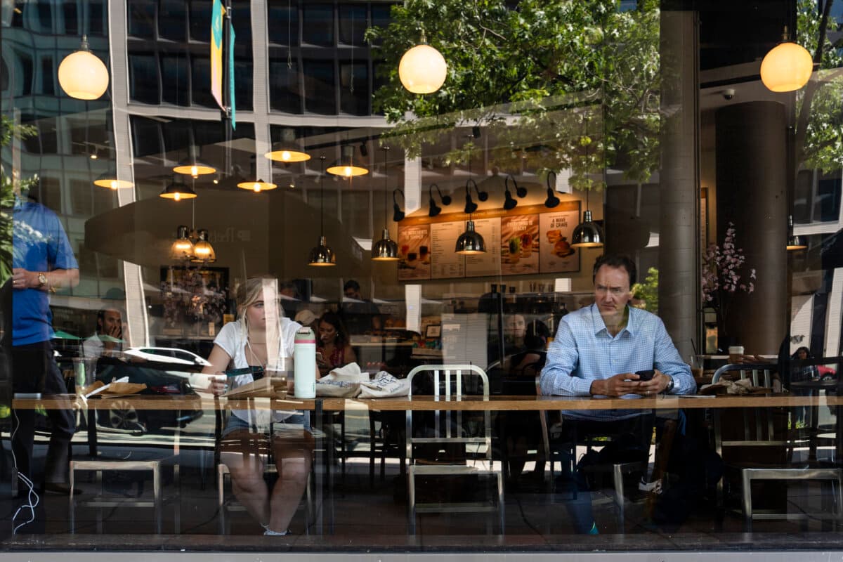People at Peet's Coffee in Washington on July 1, 2025. (Madalina Kilroy/The Epoch Times)