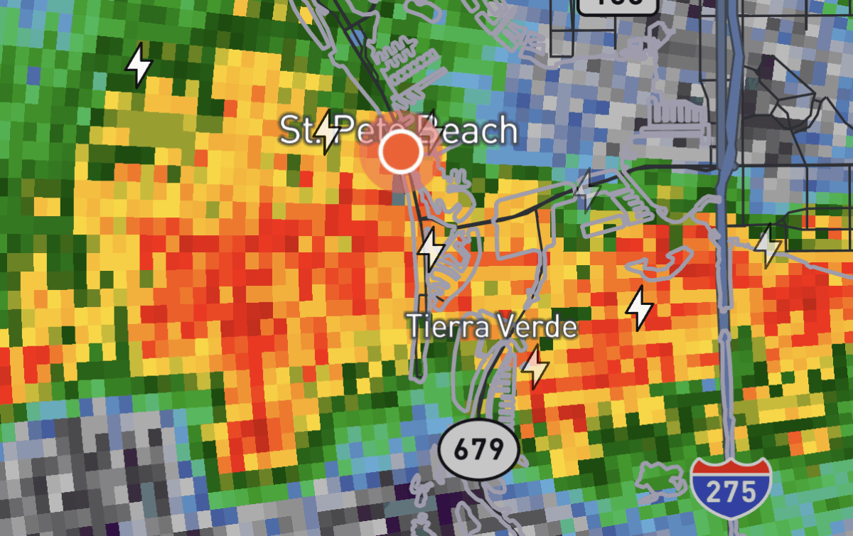 Radar imagery indicating the confirmed lightning strikes as a storm passed over St. Pete Beach, Fla., on July 4, 2025. (Screenshot/WeatherWise)