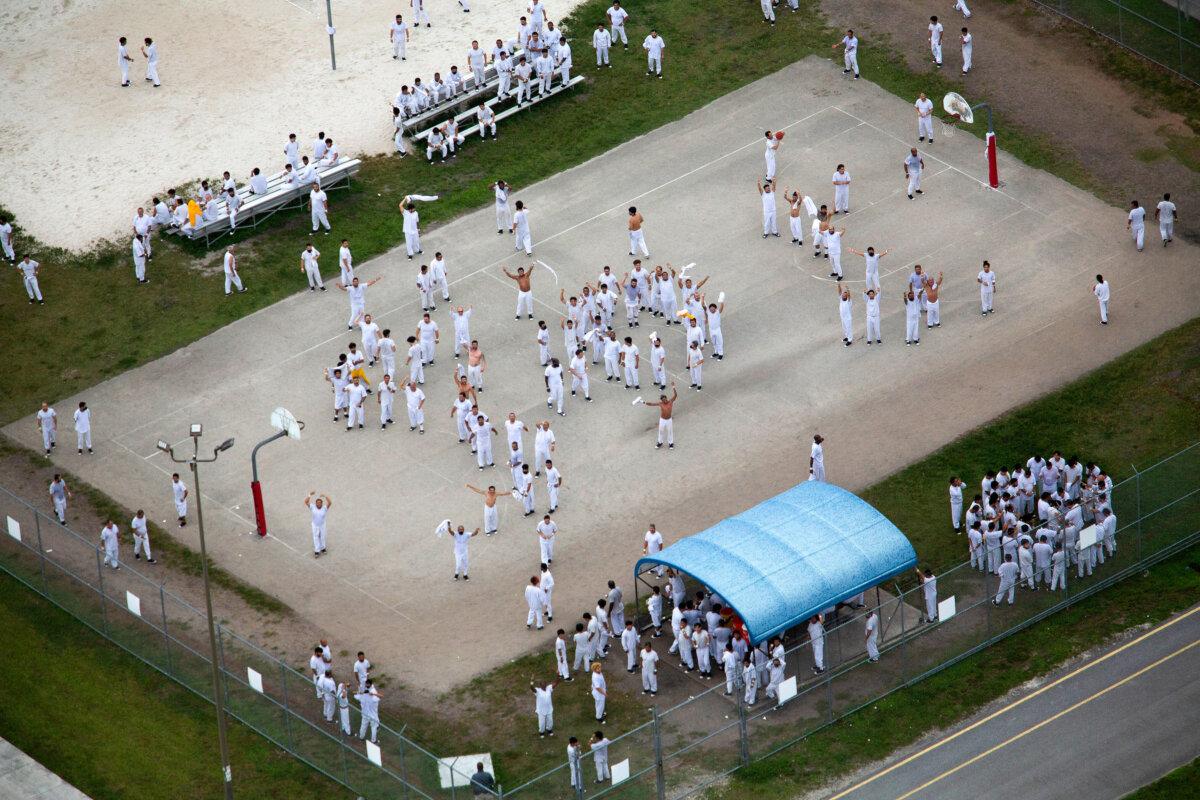 In an aerial view from a helicopter, detainees are seen at Krome Detention Center, run by Immigration and Customs Enforcement in Miami, on July 4, 2025. (Alon Skuy/Getty Images)