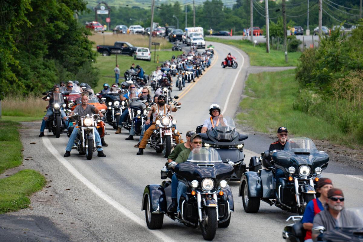 Bikers participate in a charity motorcycle run in memory of Corey Comperatore, called Corey’s Cruise, near Butler, Pa., on July 12, 2025. (Samira Bouaou/The Epoch Times)