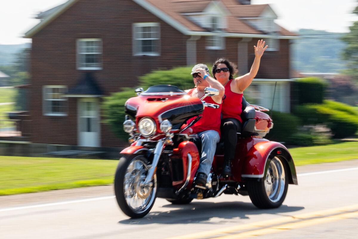 Bikers participate in a charity motorcycle run in memory of Corey Comperatore, called Corey’s Cruise, near Butler, Pa., on July 12, 2025. (Samira Bouaou/The Epoch Times)