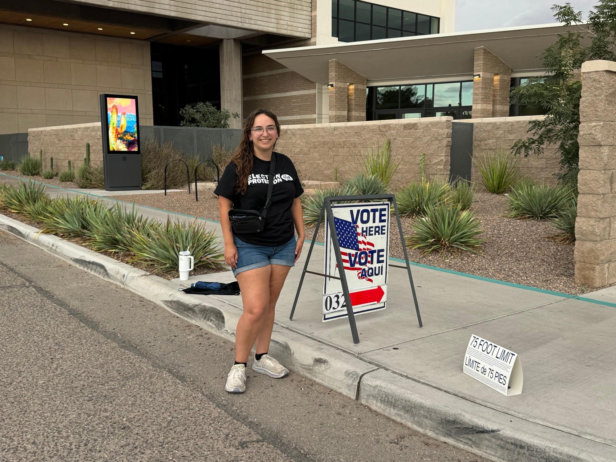 Miranda Lopez, a voter in Pima County, stands outside the Tucson Convention Center during the Special Primary Election on July 15, 2025. (Arjun Singh/The Epoch Times)