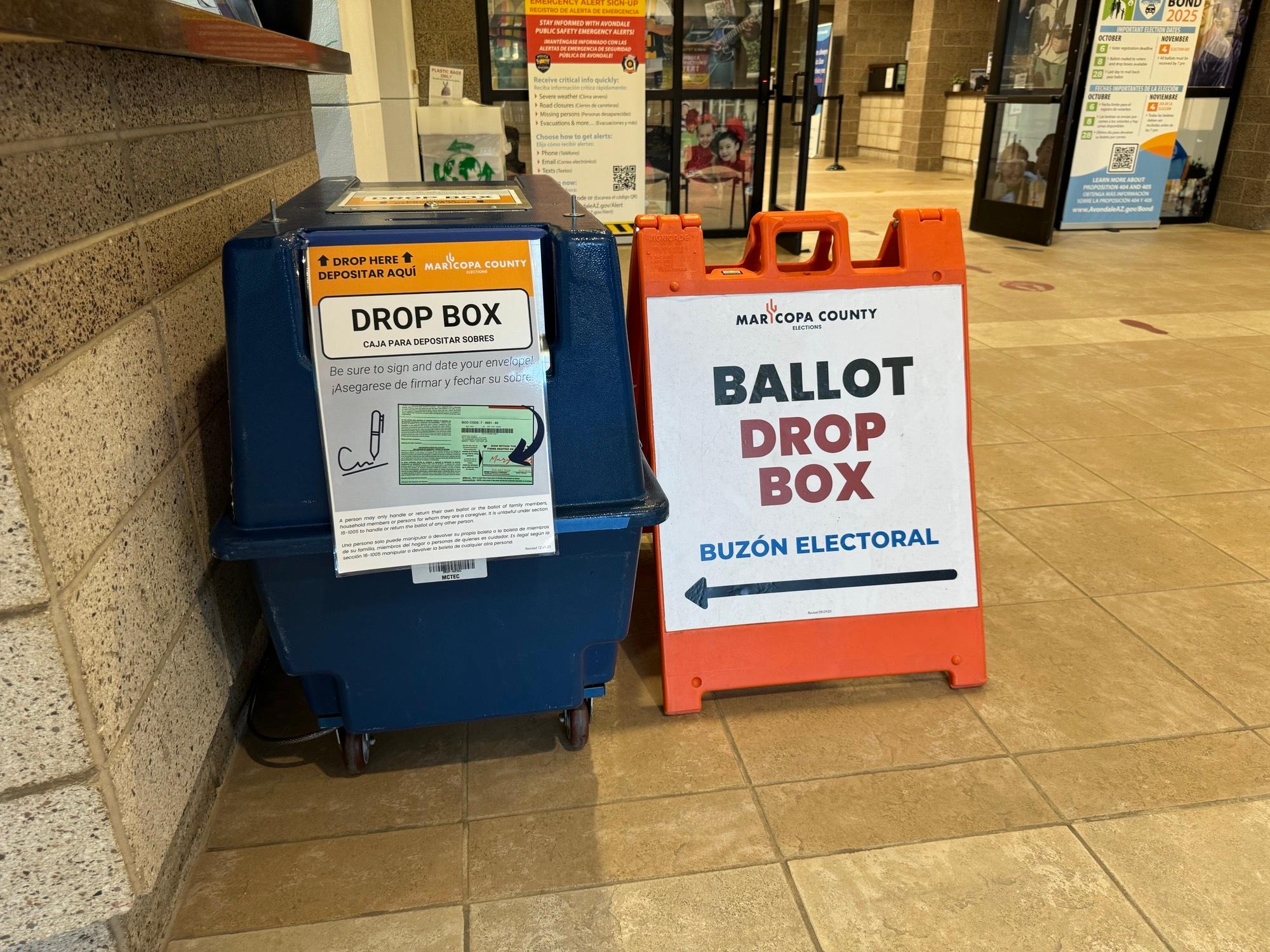 A ballot drop box is pictured at the Avondale City Hall in Maricopa County, Ariz., on July 14, 2025. (Arjun Singh/The Epoch Times)