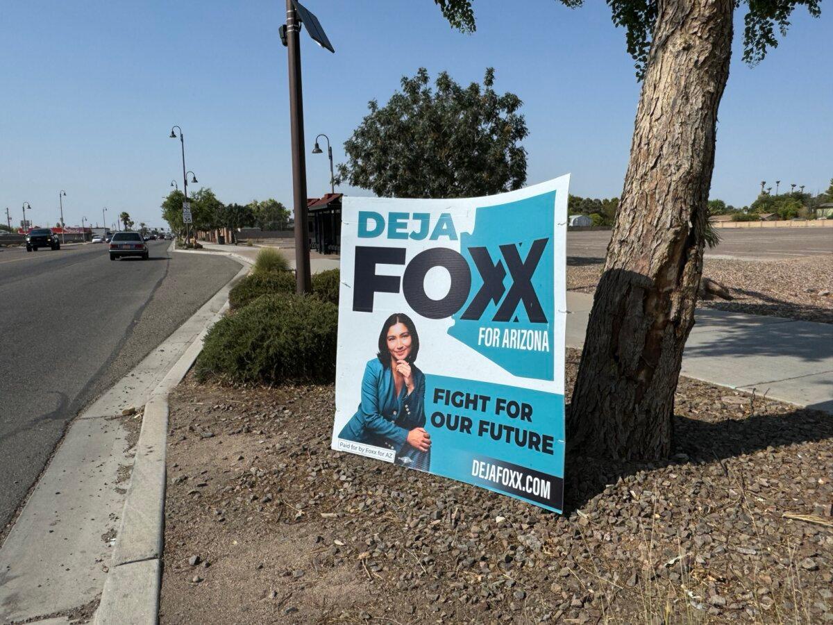 A campaign sign for Deja Foxx is placed on a public street in Maricopa County, Ariz., on July 14, 2025. (Arjun Singh/The Epoch Times)