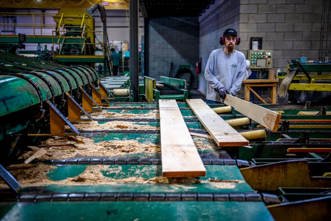 Wood is processed at the C.A. Spencer sawmill in Lachute, Canada, on April 10, 2025. The combined anti-dumping and countervailing duty on Canadian softwood lumber imports is expected to rise to 34.45 percent from 14.4 percent following a U.S. review. (Andrej Ivanov/Getty Images)