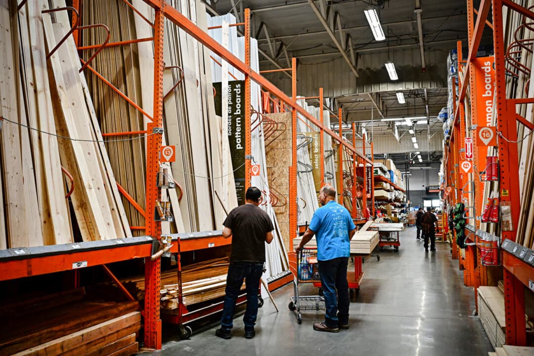 People shop for lumber at a Home Depot in Alhambra, Calif., on April 10, 2025. Almost 70 percent of Canada's forestry exports go to the United States. (Frederic J. Brown/AFP via Getty Images)