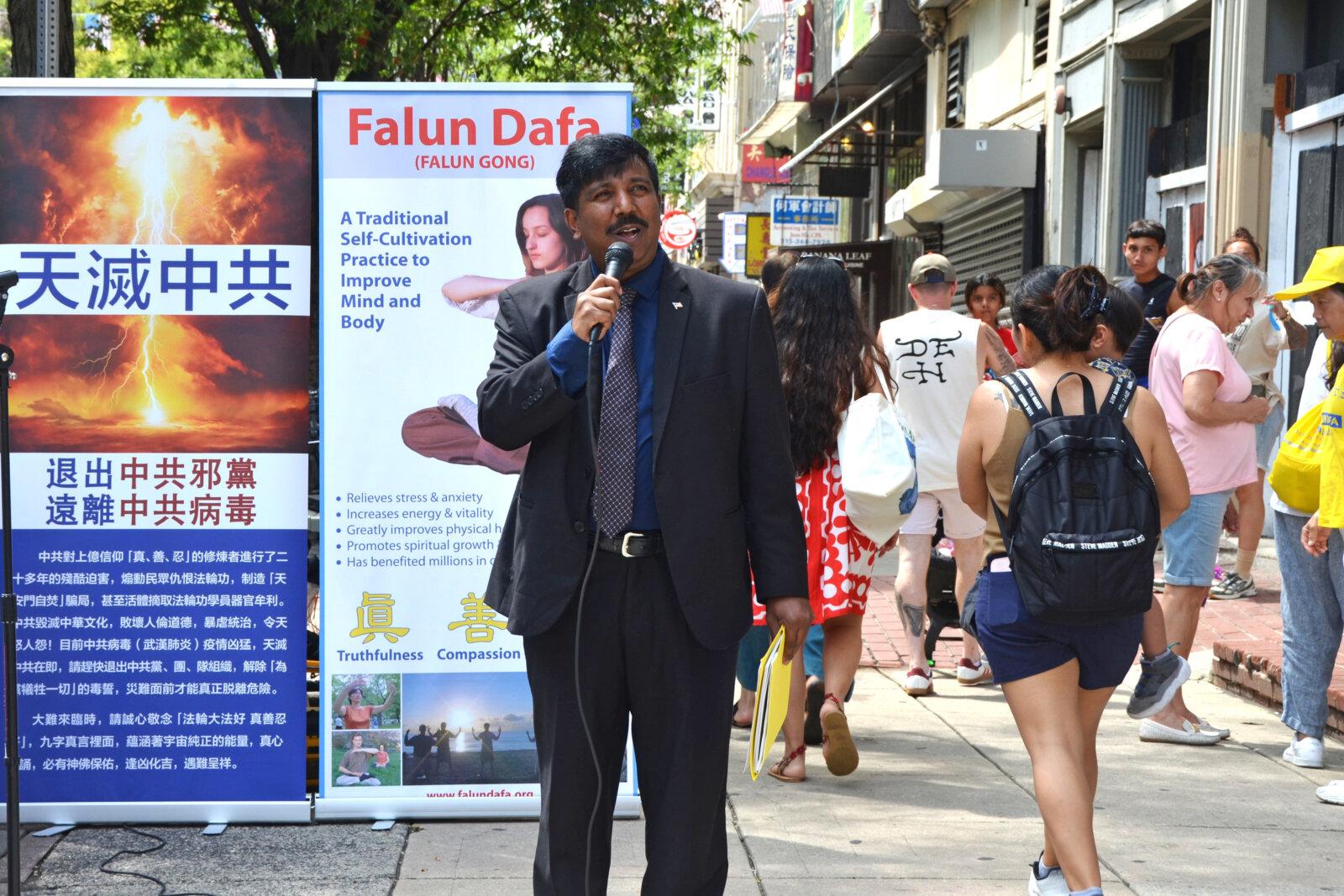 Aaron Bashir, president of American Real Voice PAC, speaks at a rally in Philadelphia Chinatown on July 20, 2025. (Frank Liang/The Epoch Times)