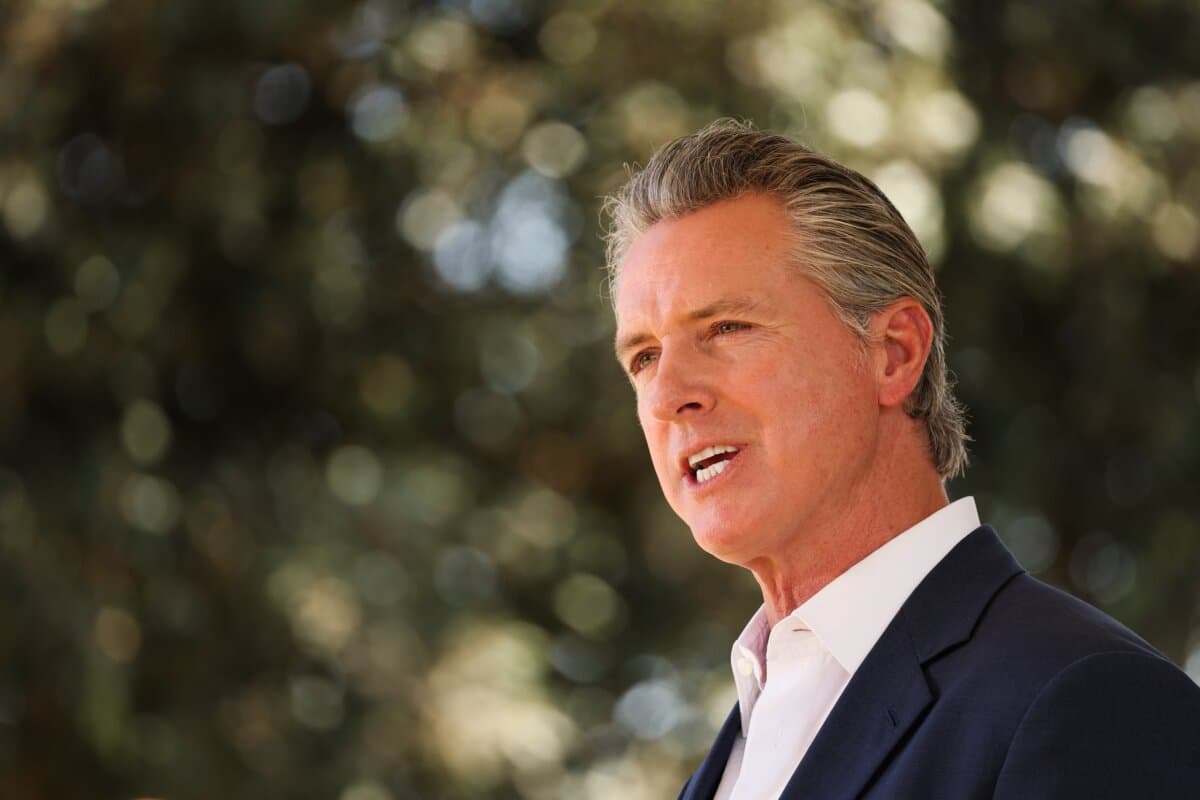 California Gov. Gavin Newsom holds a news conference in Downey, Calif., on July 16, 2025. (Patrick T. Fallon/AFP)