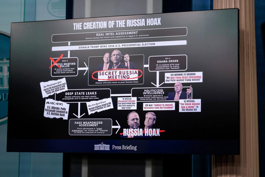 A graphic chart is displayed as Director of National Intelligence Tulsi Gabbard talks to reporters at the White House on July 23, 2025. (Chip Somodevilla/Getty Images)