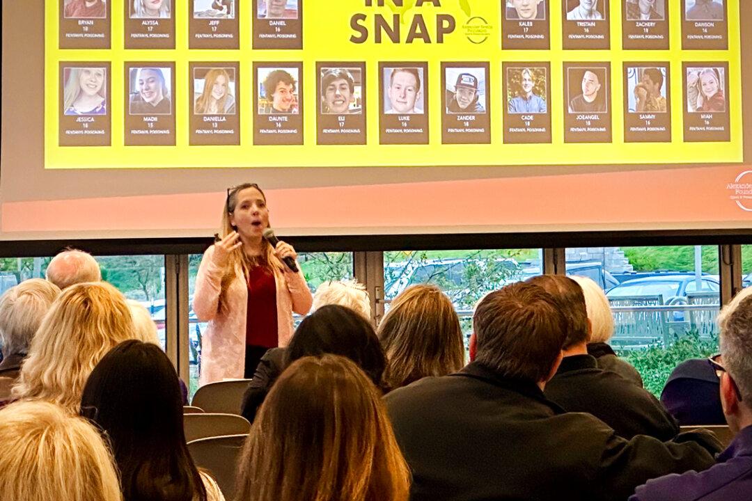 Amy Neville speaks at a town hall meeting on fentanyl in Laguna Niguel, Calif., on April 12, 2023. (John Fredricks/The Epoch Times)