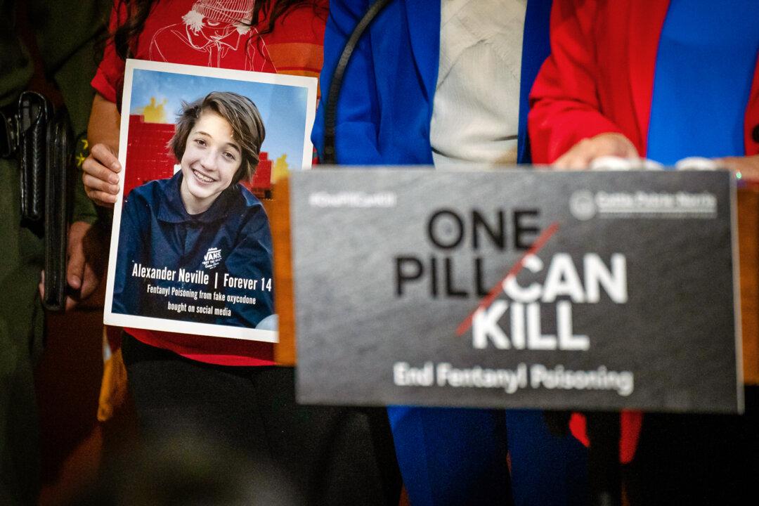 A photo of 14-year-old Alexander Neville, who died after accidentally taking fentanyl, sits on display in Irvine, Calif., on April 28, 2023. (John Fredricks/The Epoch Times)