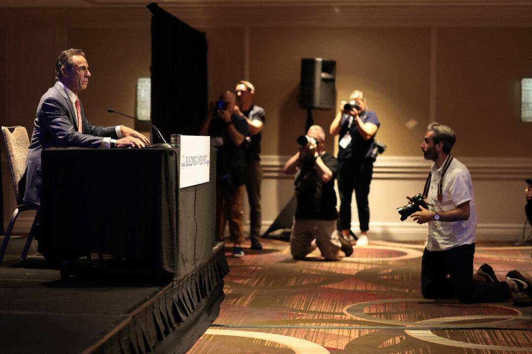 Former New York Governor and independent candidate for NYC mayor Andrew Cuomo speaks during a press conference at the Sheraton Times Square Hotel in New York City on Aug. 4, 2025. Cuomo unveiled his new public safety policy, which includes expanding the NYPD's Strategic Response Group. (Michael M. Santiago/Getty Images)