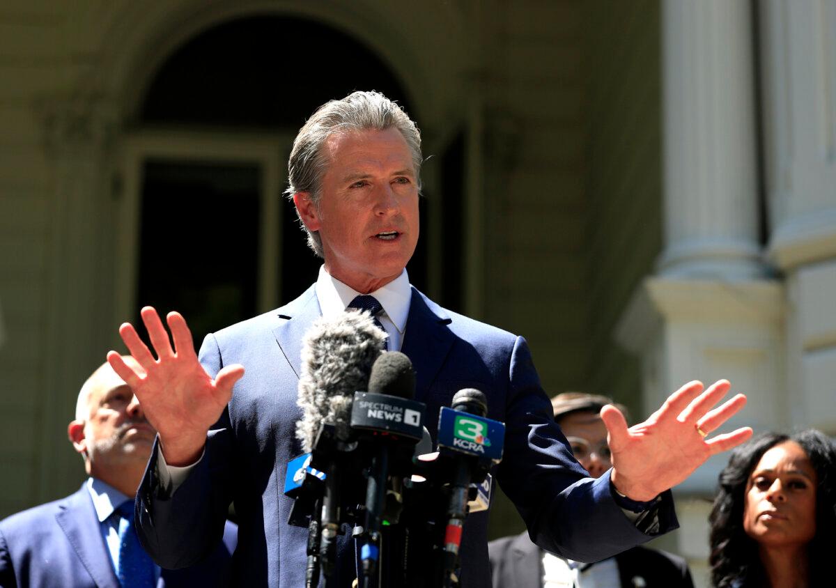 Gov. Gavin Newsom speaks during a news conference with Texas lawmakers at the Governor’s Mansion in Sacramento, Calif., on July 25, 2025. They met to discuss redistricting issues. (Justin Sullivan/Getty Images)