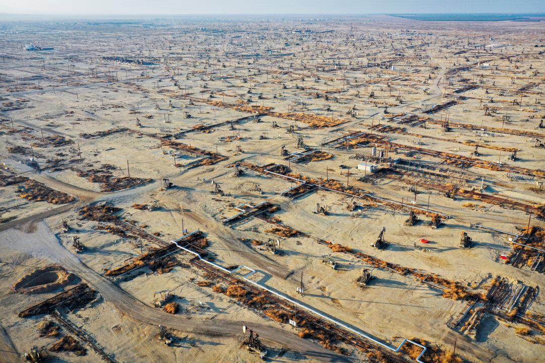 Some pumpjacks operate while others stand idle in the Belridge Oil Field near McKittrick, Calif., on Nov. 3, 2021. California has more than 120,000 abandoned oil and gas wells, plus 30,000 idle wells. (Mario Tama/Getty Images)