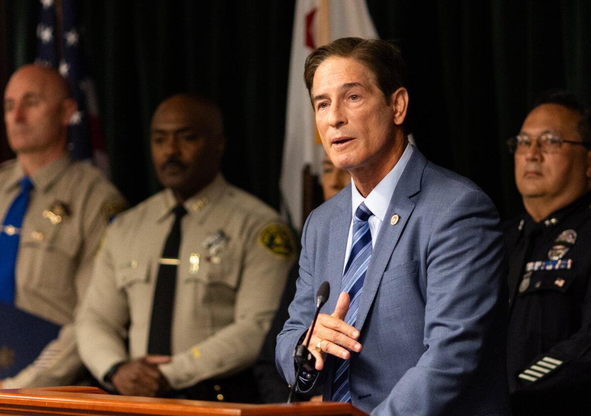 Los Angeles District Attorney Nathan Hochman speaks in Los Angeles, on Aug. 11, 2025. Hochman announced plans to hold street takeover participants accountable for participating in such illegal events. (John Fredricks/The Epoch Times)