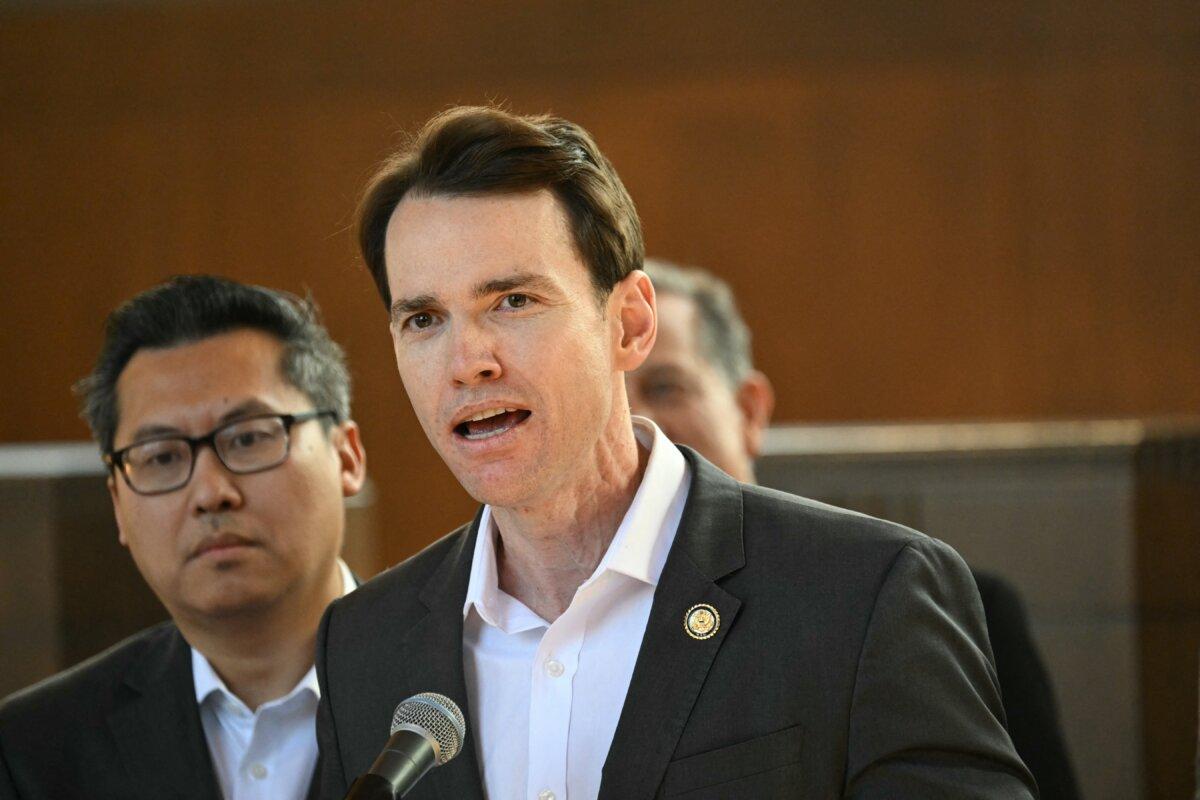 Rep. Kevin Kiley (R-Calif.) speaks during a news conference at Union Station in downtown Los Angeles on Feb. 20, 2025. Kiley called Newsom's redistricting plan "fraud." (Patrick T. Fallon/AFP via Getty Images)