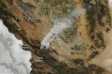 The fast-growing Gifford Fire has charred over 122,000 acres in California. The fire, seen in this NASA Aqua satellite image, ignited on Aug. 1 and spread quickly through the mountains of Los Padres National Forest due to dry and gusty conditions. (NASA)