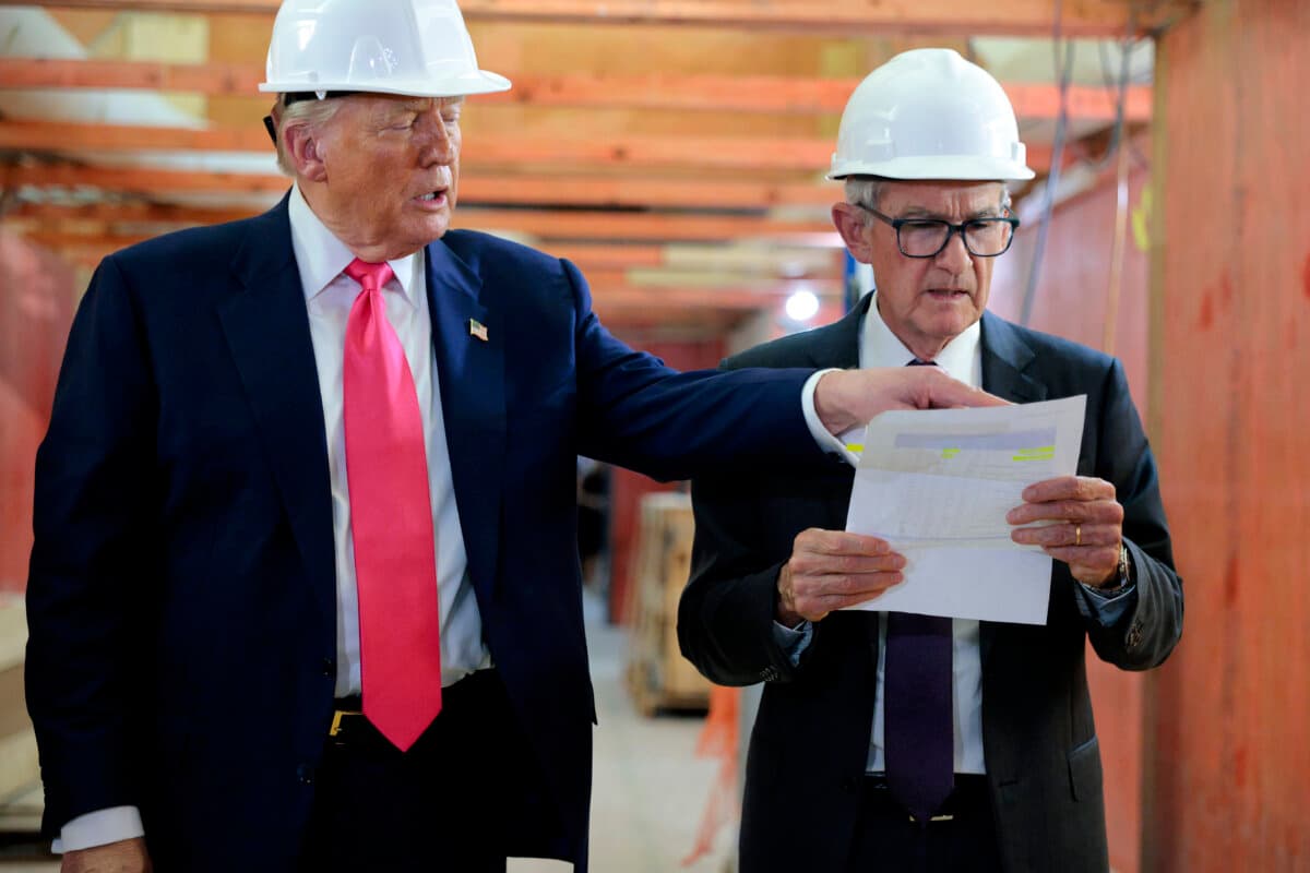 President Donald Trump and Federal Reserve Chair Jerome Powell tour the Federal Reserve’s $2.5 billion headquarters project on in Washington on July 24, 2025. (Chip Somodevilla/Getty Images)