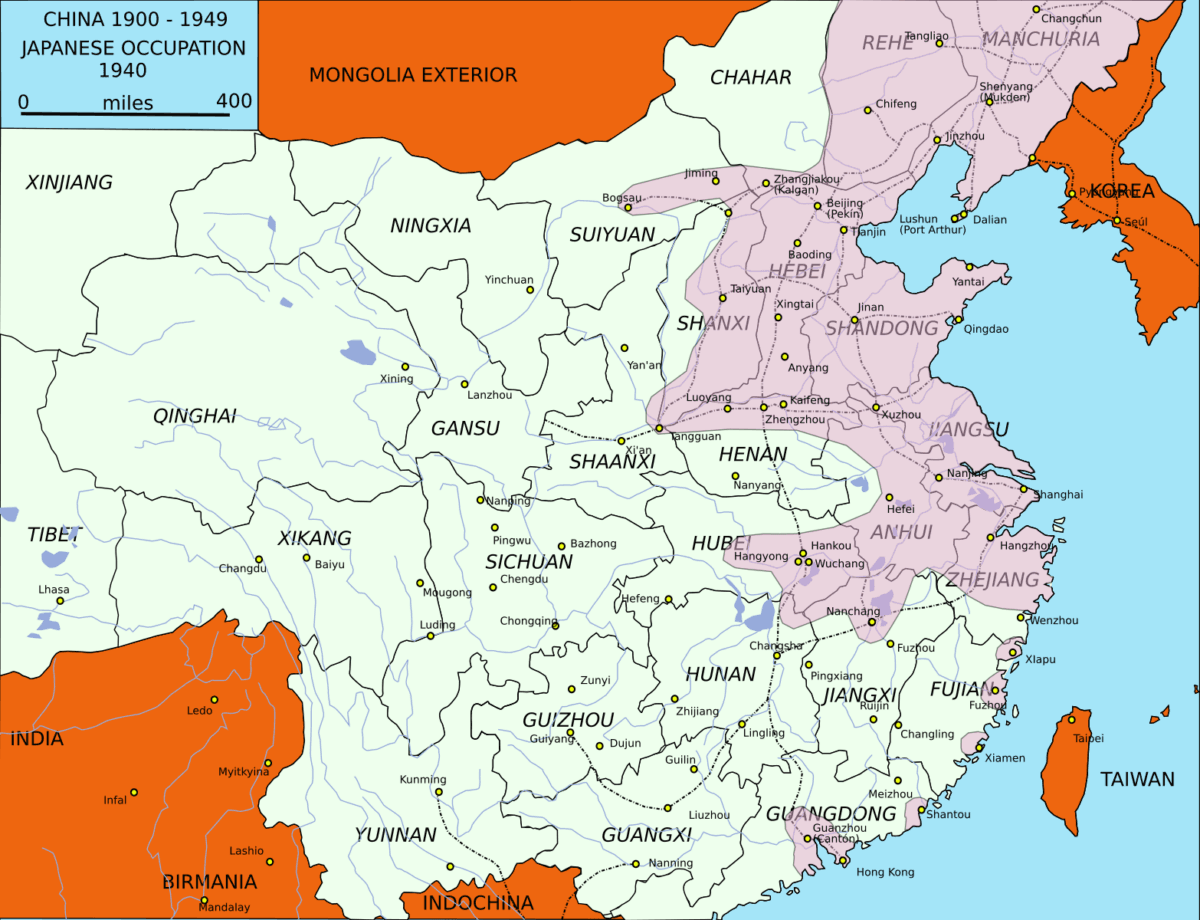 Territories in China and surrounding countries occupied by Japan in 1940 are shown in orange and pink on a map. (Public domain)