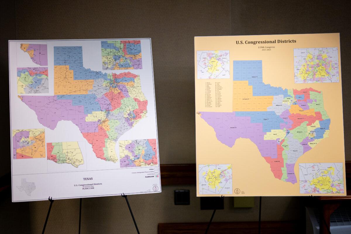 U.S. Congressional District maps are displayed as the Senate Special Committee on Congressional Redistricting meets to hear invited testimony at the Texas State Capitol in Austin, Texas, on Aug. 6, 2025. (Brandon Bell/Getty Images)