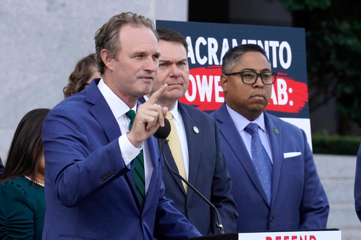 California Assembly Republican Leader James Gallagher of Yuba City speaks in opposition to a package of measures to redraw the state's congressional districts and put new maps before voters in a special election during a press conference in Sacramento on Aug. 21, 2025. (Rich Pedroncelli/AP Photo)