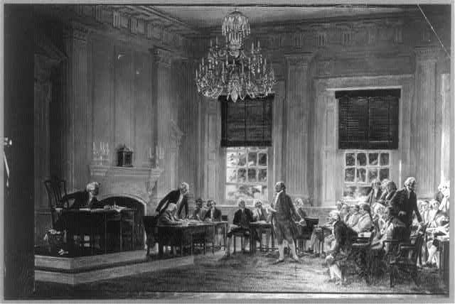 John Adams proposing George Washington for commander in chief of the American Army. Library of Congress. (Public Domain)