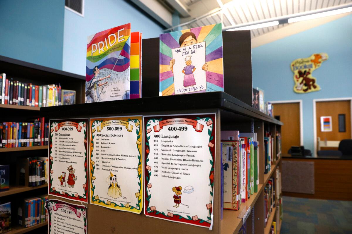 Newly donated LGBT books are displayed in the library at a school in Richmond, Calif., on May 17, 2022. (Justin Sullivan/Getty Images)