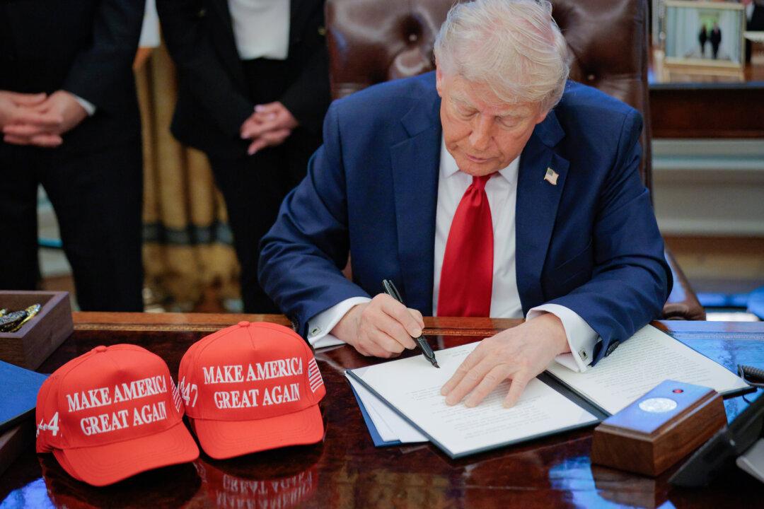 President Donald Trump speaks to the media after signing executive orders in the Oval Office on April 23, 2025. The seven executive orders were related to education policy including requiring universities to disclose foreign gifts, artificial intelligence education, and school disciplinary policies. (Chip Somodevilla/Getty Images)
