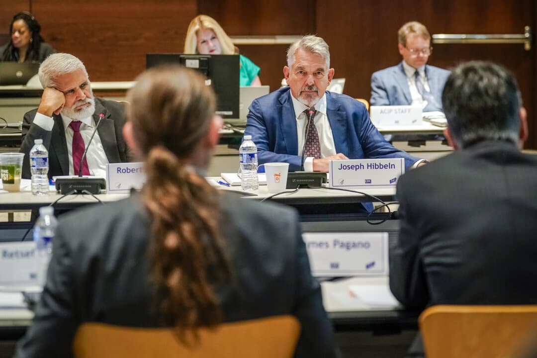 New members Robert Malone and Joseph Hibbeln attend the first meeting of the CDC’s Advisory Committee On Immunization Practices at the CDC global headquarters in Atlanta on June 25, 2025. Health Secretary Robert F. Kennedy Jr. on June 9 fired all members of the committee and selected new members. (Elijah Nouvelage/Getty Images)