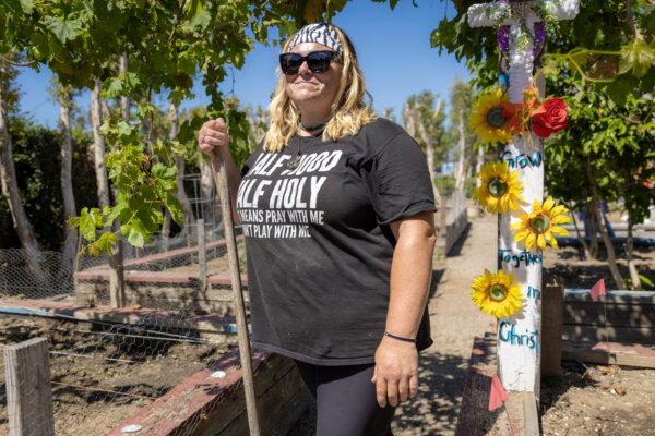 Program member Stephanie Blaylock, 40, stands in the Orange County Rescue Mission's garden area in Tustin, Calif., on Aug. 18, 2025. (John Fredricks/The Epoch Times)