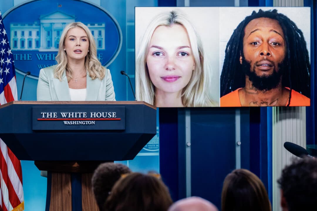 White House press secretary Karoline Leavitt speaks alongside photos of Ukrainian refugee Iryna Zarutska and Decarlos Brown Jr. during a news briefing at the White House on Sept. 9, 2025. Zarutska was allegedly killed by Brown on a light-rail train in Charlotte, N.C. (Saul Loeb/AFP via Getty Images)