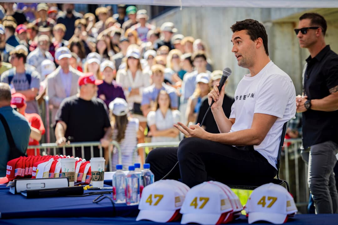 Charlie Kirk, founder of nonprofit Turning Point USA, speaks before being shot during his visit to Utah Valley University in Orem, Utah, on Sept. 10, 2025. (Tess Crowley/The Deseret News via AP)