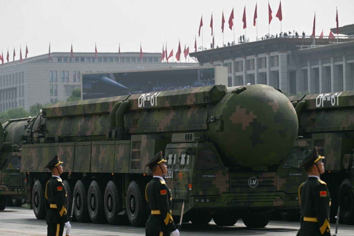 The DF-61 intercontinental ballistic missile is seen during a military parade marking the end of World War II, in Beijing's Tiananmen Square on Sept. 3, 2025. (Greg Baker/AFP via Getty Images)