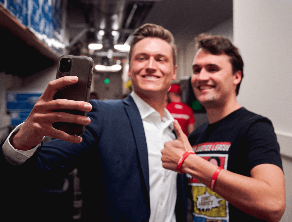 Gunnar Thorderson and Charlie Kirk share a photo together backstage, during an October 2020 event. (Courtesy of Gunnar Thorderson)
