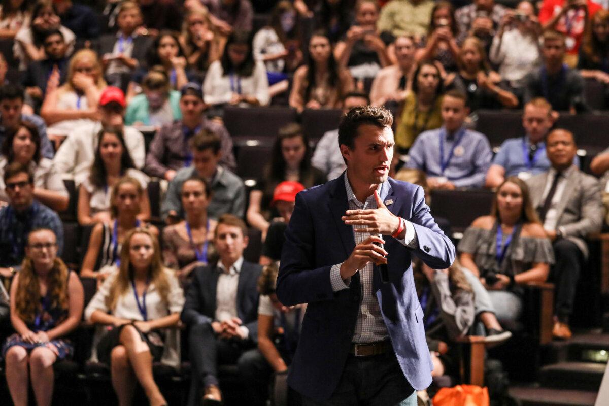 Charlie Kirk, founder and executive director of Turning Point USA, speaks at the High School Leadership Summit, a Turning Point USA event, at George Washington University in Washington on July 26, 2018. (Samira Bouaou/The Epoch Times)