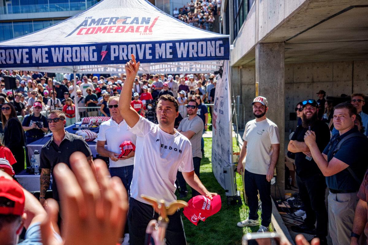 Charlie Kirk throws hats to the crowd shortly before he was shot at Utah Valley University speaking event in Orem, Utah, on Sept. 10, 2025. (Trent Nelson/The Salt Lake Tribune/Reuters)